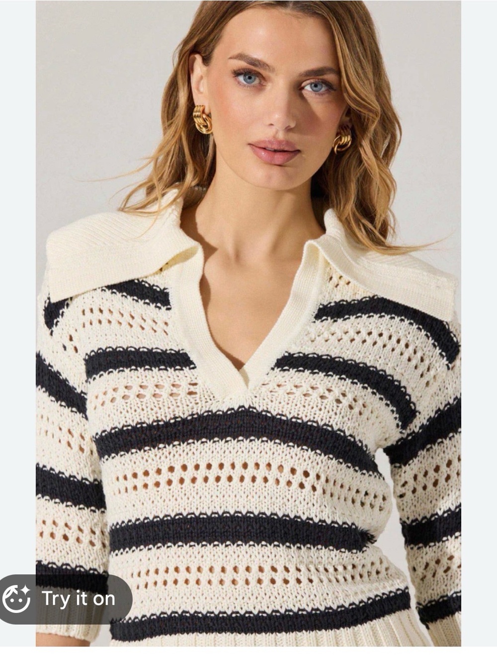 Astr Cream and Black Striped Open-Knit V-Neck Sweater